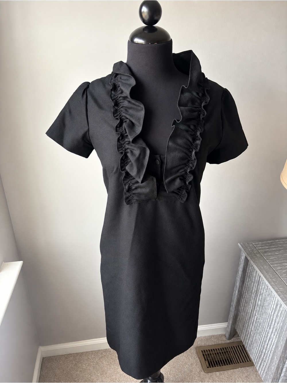 J Crew Black Ruffle-Trim Short Sleeve Dress